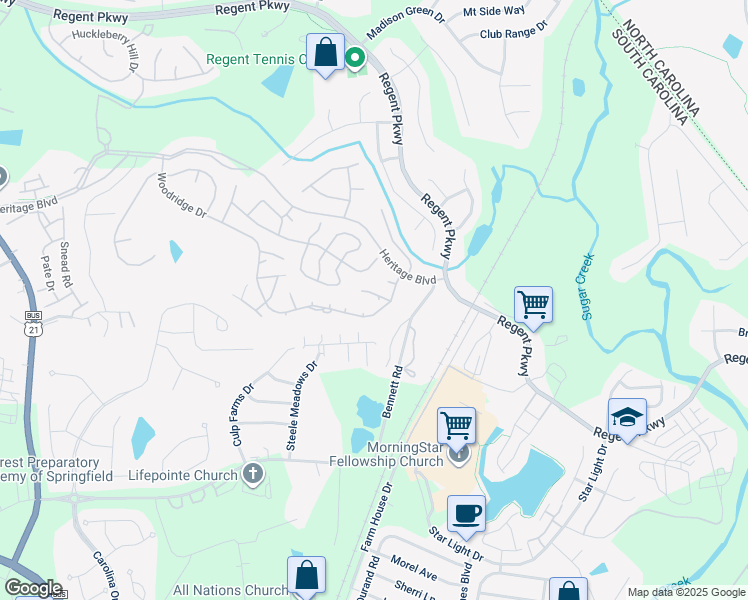 map of restaurants, bars, coffee shops, grocery stores, and more near 514 Tall Hickory Court in Fort Mill