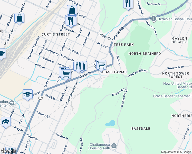 map of restaurants, bars, coffee shops, grocery stores, and more near 2410 Wetmore Street in Chattanooga