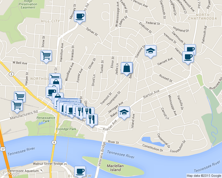 map of restaurants, bars, coffee shops, grocery stores, and more near 400 Tremont Street in Chattanooga