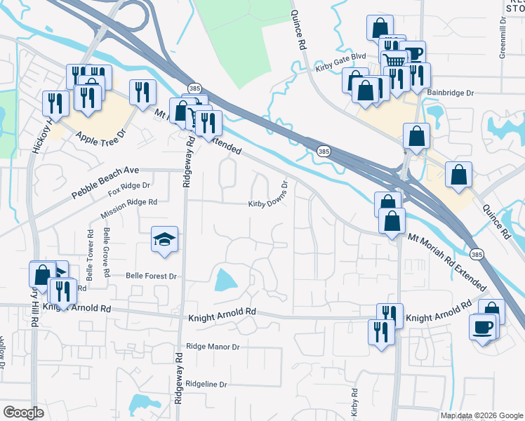 map of restaurants, bars, coffee shops, grocery stores, and more near 6343 Kirby Downs Drive in Memphis