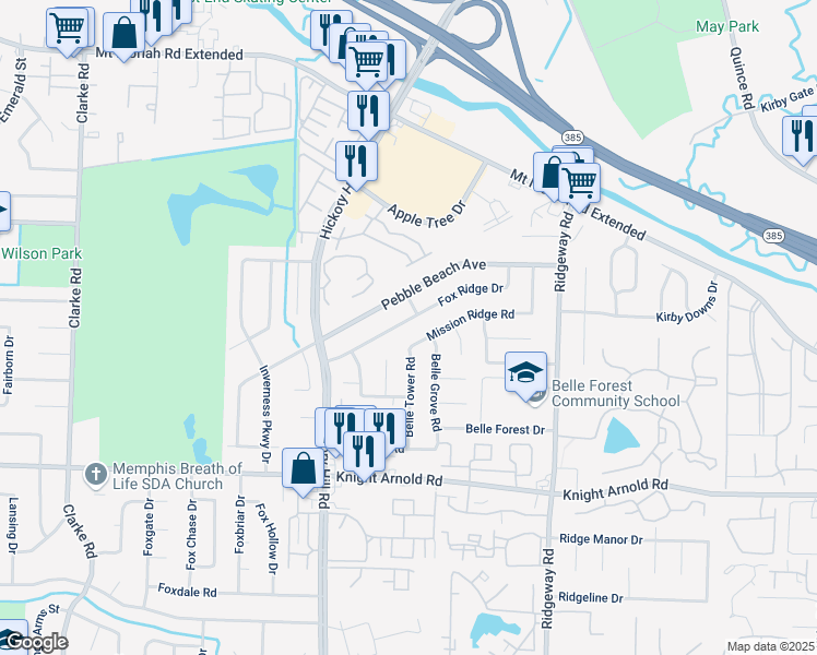 map of restaurants, bars, coffee shops, grocery stores, and more near 6040 Mission Ridge Road in Memphis