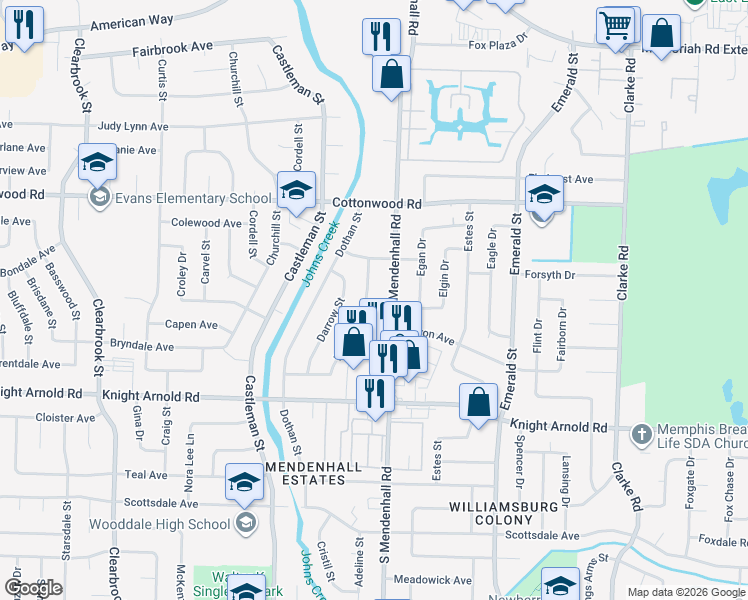 map of restaurants, bars, coffee shops, grocery stores, and more near 3045 South Mendenhall Road in Memphis