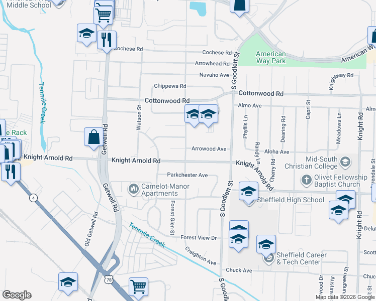 map of restaurants, bars, coffee shops, grocery stores, and more near 4151 Arrowood Avenue in Memphis