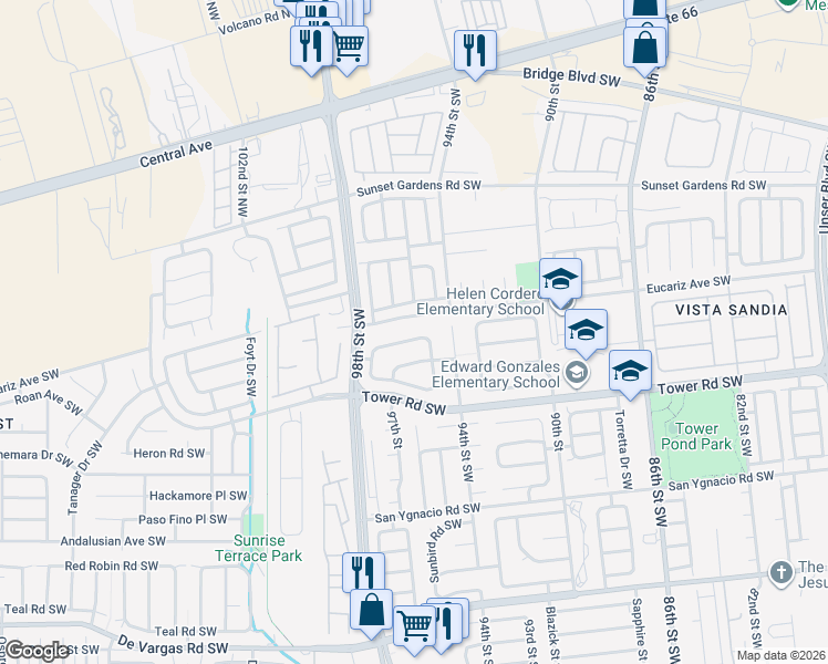 map of restaurants, bars, coffee shops, grocery stores, and more near 9615 Tristani Road Southwest in Albuquerque