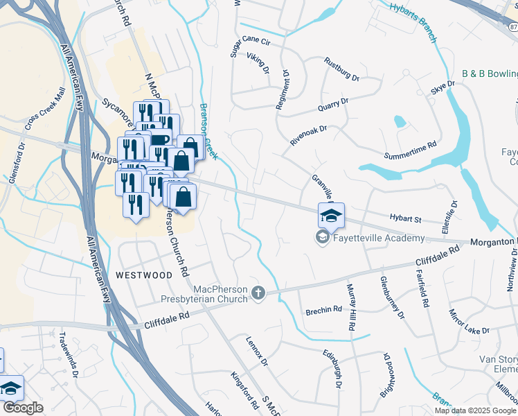 map of restaurants, bars, coffee shops, grocery stores, and more near 105 Bryce Creek Lane in Fayetteville