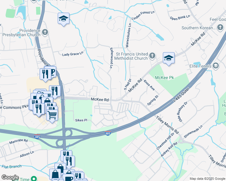 map of restaurants, bars, coffee shops, grocery stores, and more near 10601 Providence Arbours Drive in Charlotte
