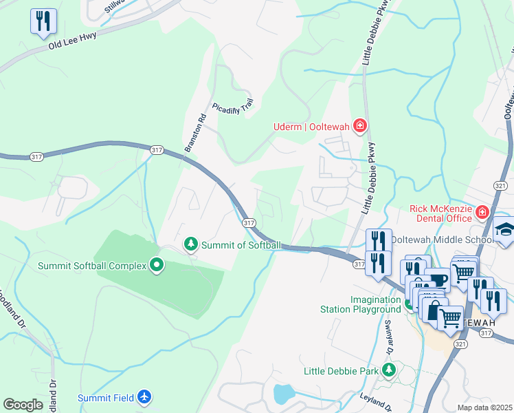 map of restaurants, bars, coffee shops, grocery stores, and more near 8917 Apison Pike in Ooltewah