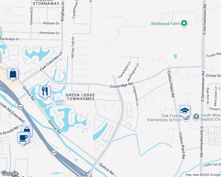 map of restaurants, bars, coffee shops, grocery stores, and more near 7125 Crestridge Road in Memphis
