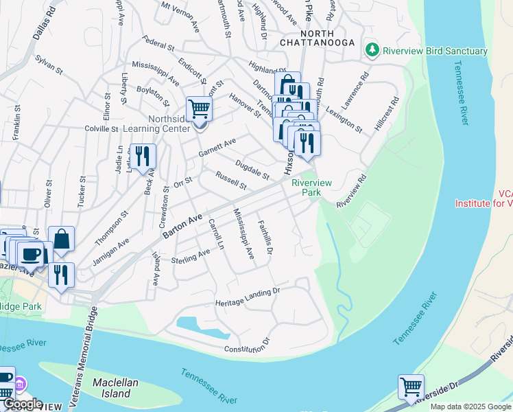 map of restaurants, bars, coffee shops, grocery stores, and more near 715 Young Ave in Chattanooga