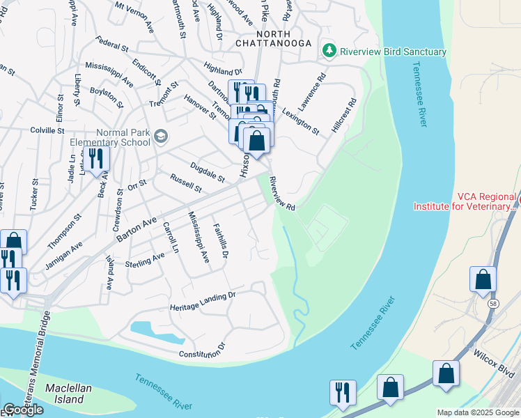 map of restaurants, bars, coffee shops, grocery stores, and more near 909 Sterling Avenue in Chattanooga