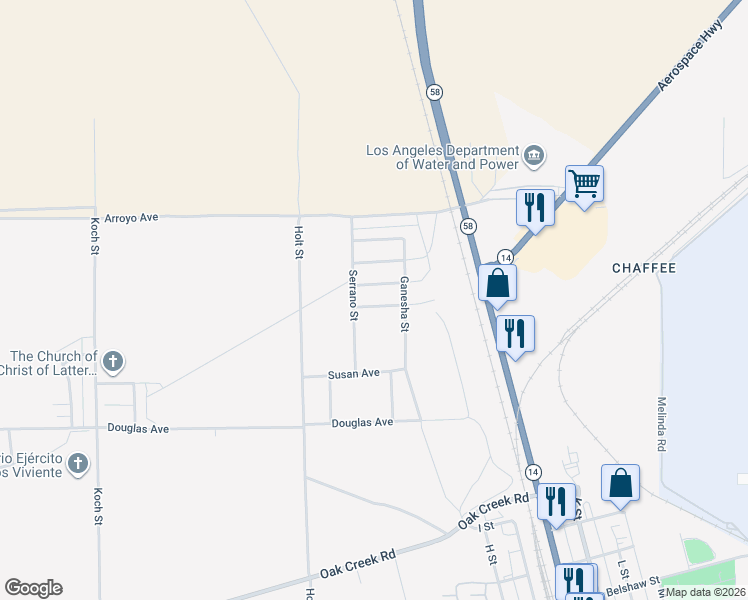 map of restaurants, bars, coffee shops, grocery stores, and more near 2863 Encina Avenue in Mojave
