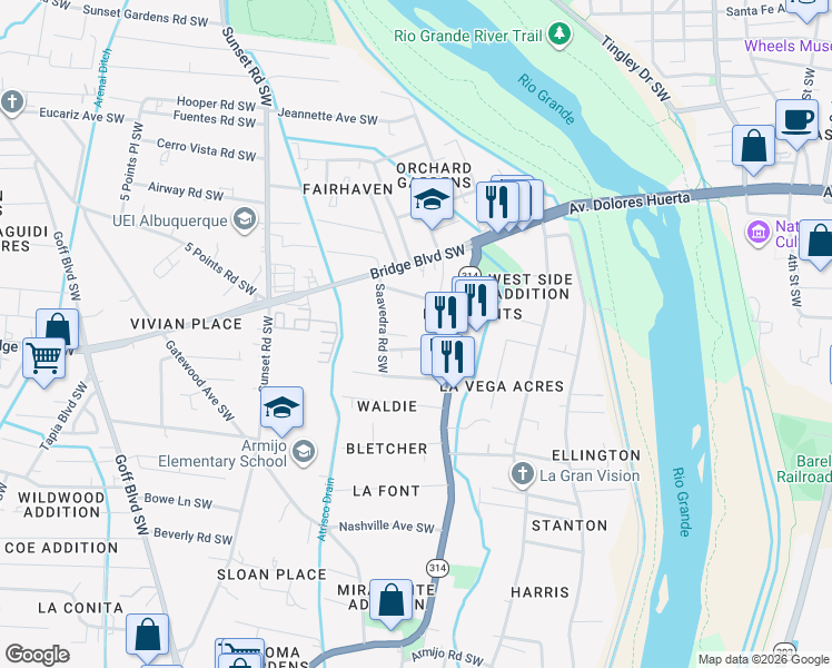 map of restaurants, bars, coffee shops, grocery stores, and more near 913 Sunbeam Road Southwest in Albuquerque