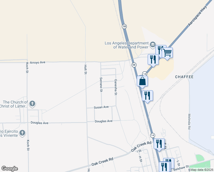map of restaurants, bars, coffee shops, grocery stores, and more near 2863 Encina Avenue in Mojave