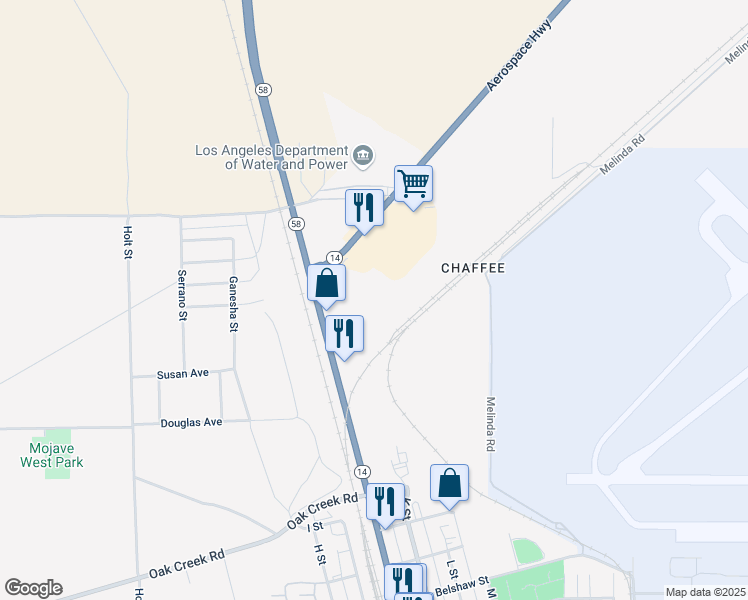 map of restaurants, bars, coffee shops, grocery stores, and more near 16800 California 14 in Mojave