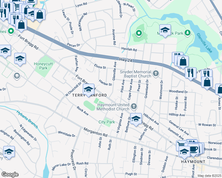 map of restaurants, bars, coffee shops, grocery stores, and more near 403 Glenville Avenue in Fayetteville