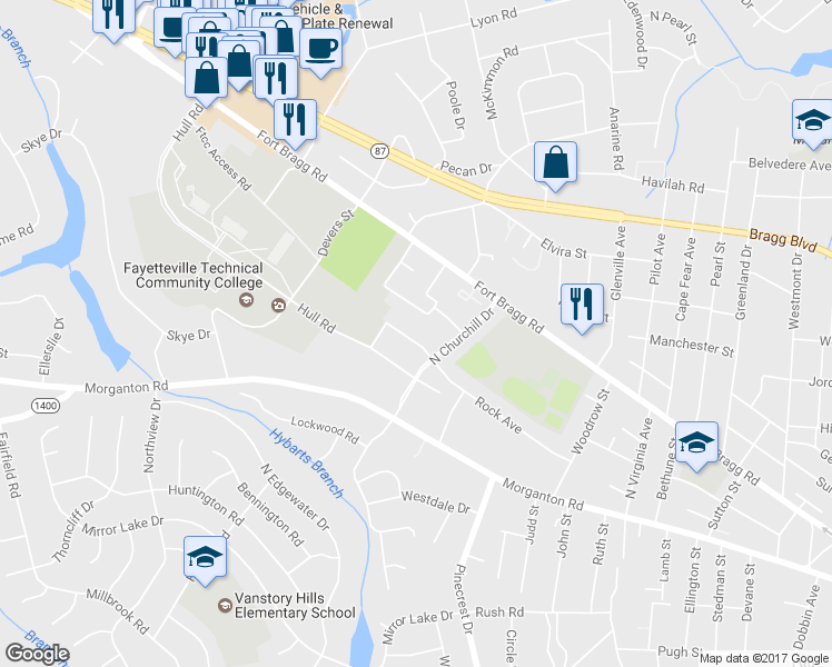 map of restaurants, bars, coffee shops, grocery stores, and more near 206 Marshall Road in Fayetteville
