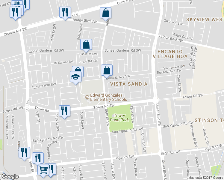 map of restaurants, bars, coffee shops, grocery stores, and more near 8508 Vista Clara Lane Southwest in Albuquerque