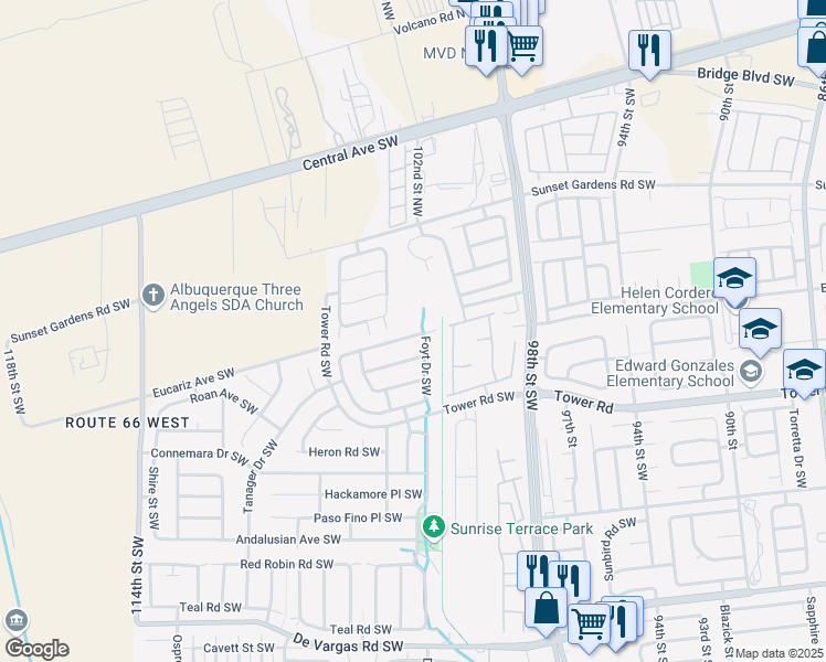 map of restaurants, bars, coffee shops, grocery stores, and more near 10305 Johncock Avenue Southwest in Albuquerque