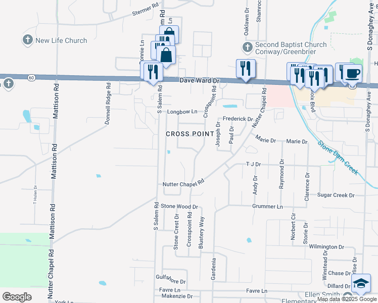 map of restaurants, bars, coffee shops, grocery stores, and more near 2745 Bowman Lane in Conway