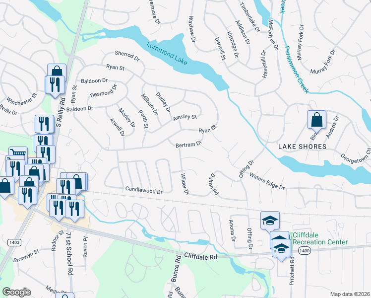 map of restaurants, bars, coffee shops, grocery stores, and more near 7315 Bertram Drive in Fayetteville