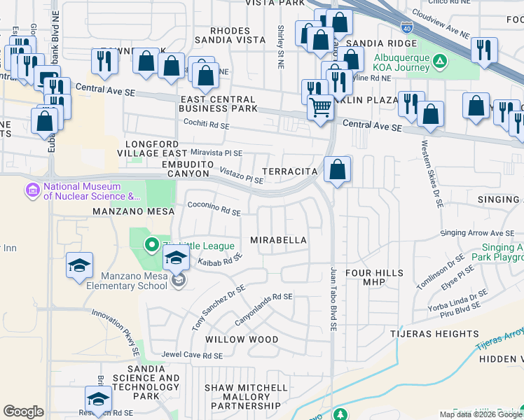 map of restaurants, bars, coffee shops, grocery stores, and more near 400 Sawtooth Street Southeast in Albuquerque