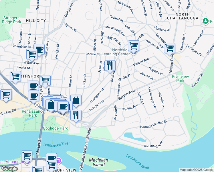 map of restaurants, bars, coffee shops, grocery stores, and more near 414 Thompson Street in Chattanooga