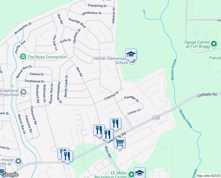 map of restaurants, bars, coffee shops, grocery stores, and more near 7099 Bahia Loop in Fayetteville