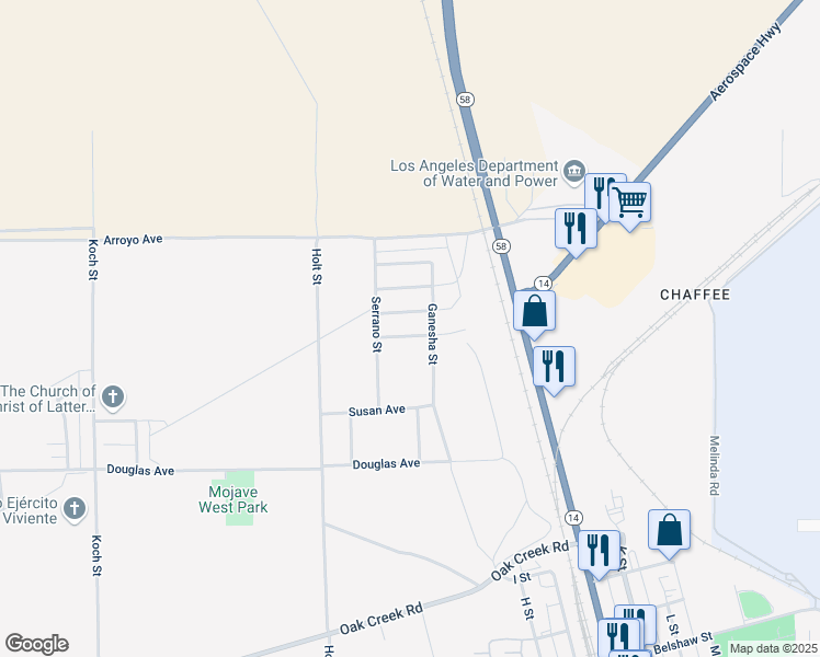 map of restaurants, bars, coffee shops, grocery stores, and more near 2843 Encina Avenue in Mojave