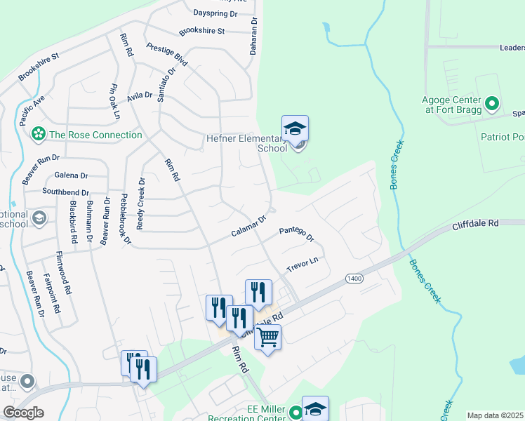 map of restaurants, bars, coffee shops, grocery stores, and more near 7090 Calamar Drive in Fayetteville