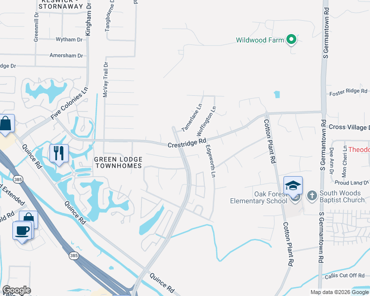 map of restaurants, bars, coffee shops, grocery stores, and more near 7165 Crestridge Road in Memphis