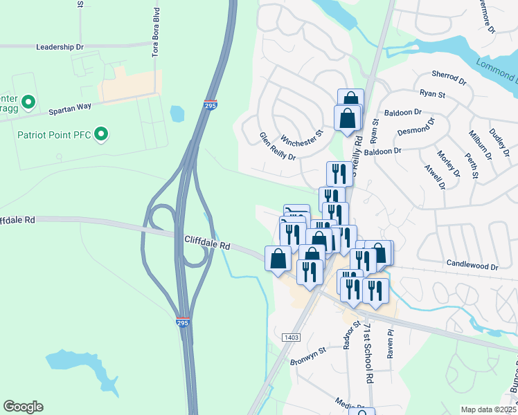 map of restaurants, bars, coffee shops, grocery stores, and more near 612 Marshtree Lane in Fayetteville