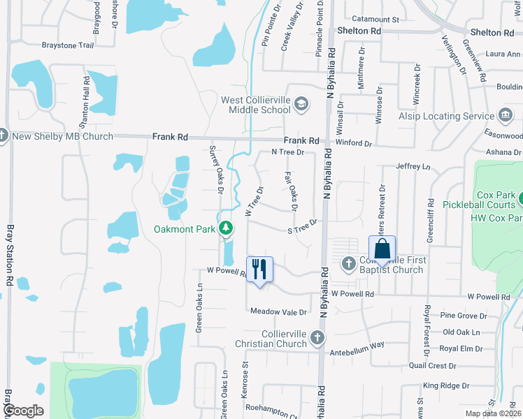 map of restaurants, bars, coffee shops, grocery stores, and more near 823 Pearson Oaks Drive in Collierville