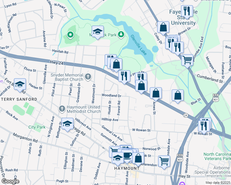 map of restaurants, bars, coffee shops, grocery stores, and more near 705 Kooler Circle in Fayetteville