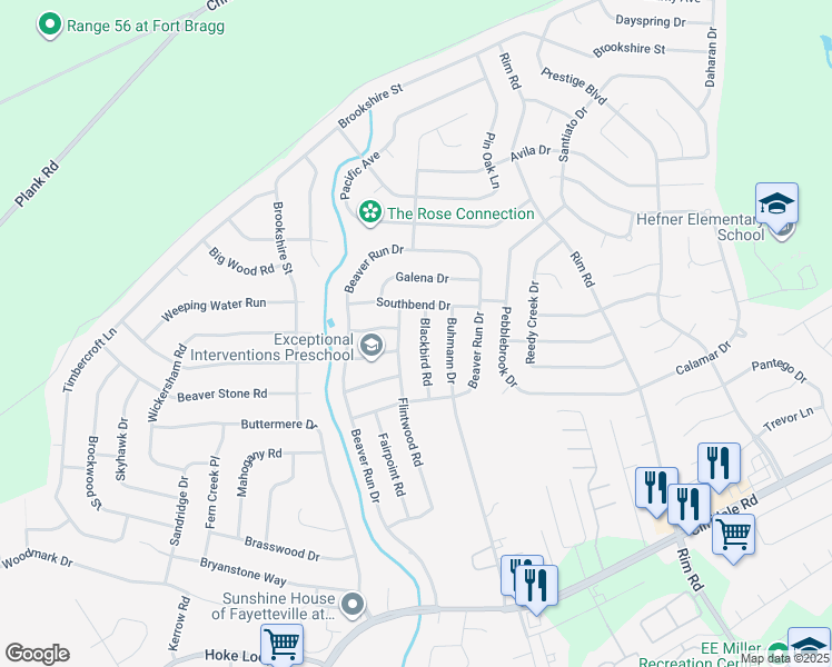 map of restaurants, bars, coffee shops, grocery stores, and more near 516 Blackbird Road in Fayetteville