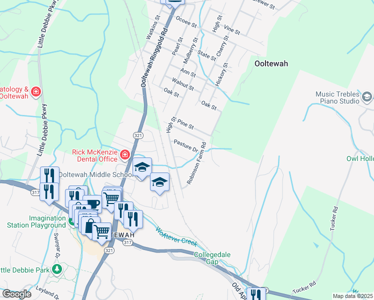 map of restaurants, bars, coffee shops, grocery stores, and more near 9484 Pasture Drive in Ooltewah