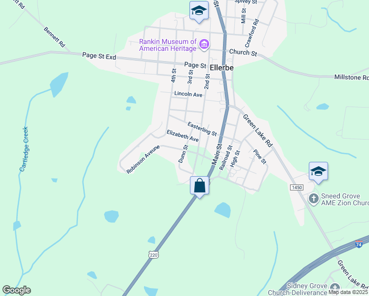 map of restaurants, bars, coffee shops, grocery stores, and more near 101 Park Street in Ellerbe
