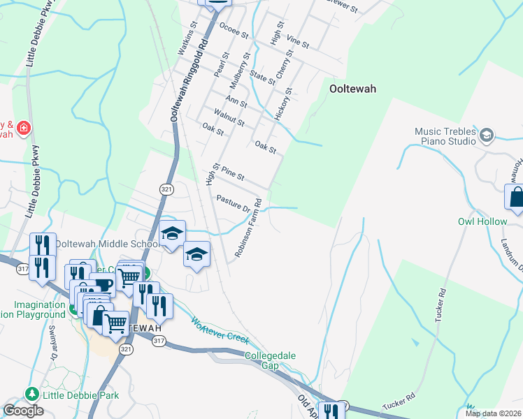 map of restaurants, bars, coffee shops, grocery stores, and more near 9649 Robinson Farm Road in Ooltewah