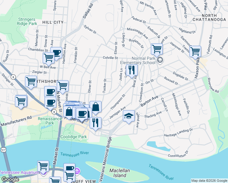 map of restaurants, bars, coffee shops, grocery stores, and more near 400 Tremont Street in Chattanooga