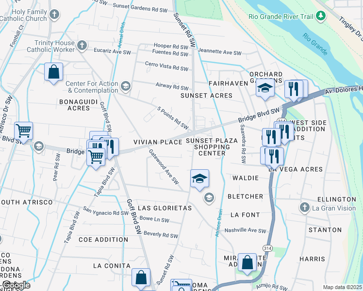 map of restaurants, bars, coffee shops, grocery stores, and more near 1019 Sunset Road Southwest in Albuquerque