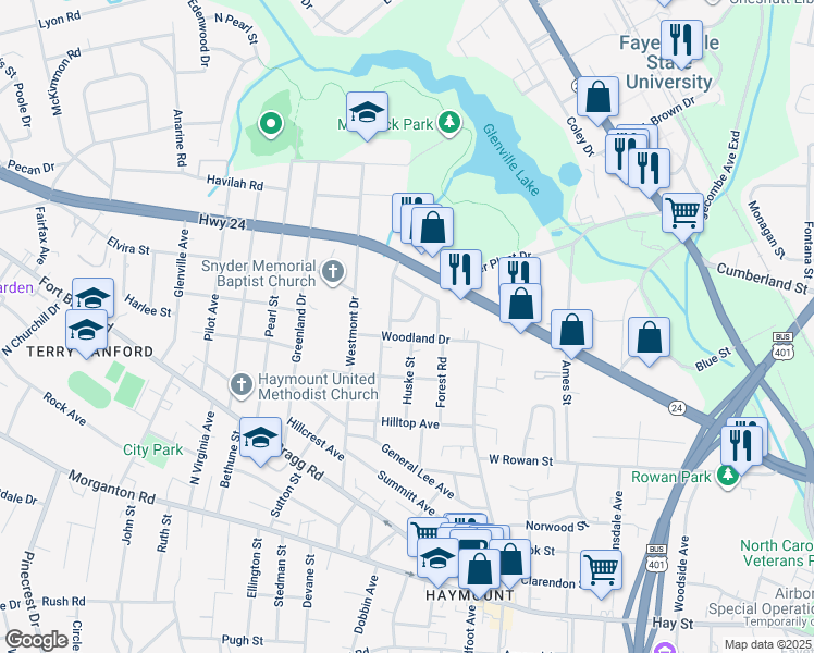 map of restaurants, bars, coffee shops, grocery stores, and more near 706 Weldon Ave in Fayetteville