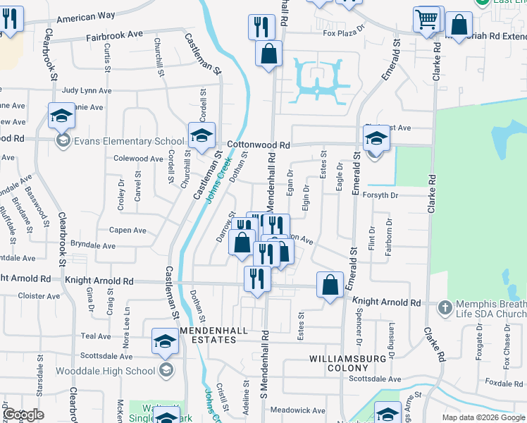 map of restaurants, bars, coffee shops, grocery stores, and more near 3045 South Mendenhall Road in Memphis