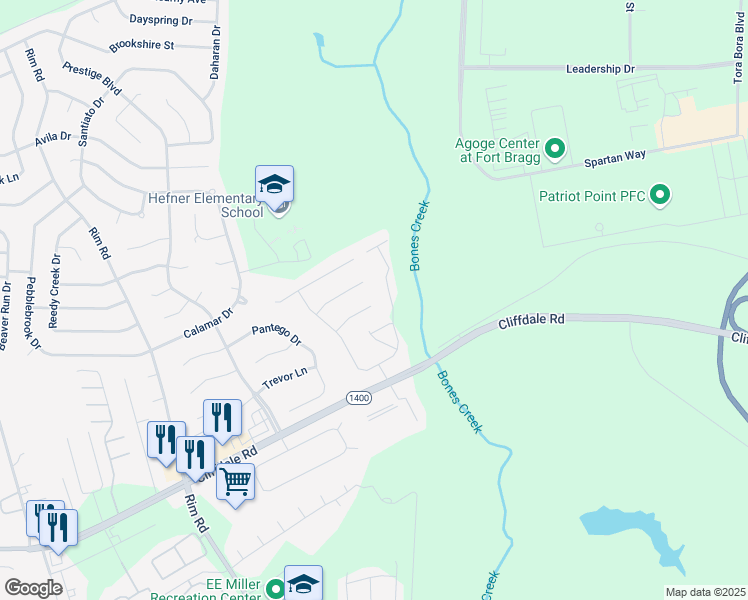 map of restaurants, bars, coffee shops, grocery stores, and more near 6900 Pine Creek Court in Fayetteville