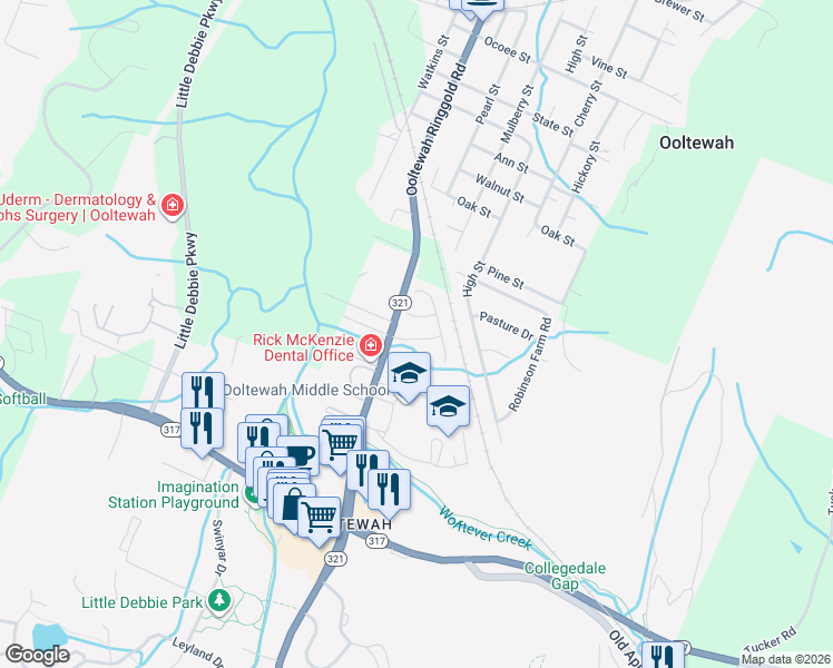 map of restaurants, bars, coffee shops, grocery stores, and more near 5126 Ooltewah Ringgold Road in Ooltewah
