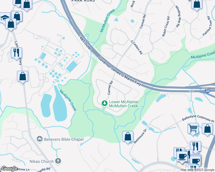 map of restaurants, bars, coffee shops, grocery stores, and more near 101 Vista Grande Circle in Charlotte