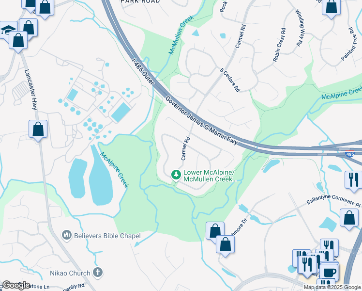 map of restaurants, bars, coffee shops, grocery stores, and more near 101 Vista Grande Circle in Charlotte