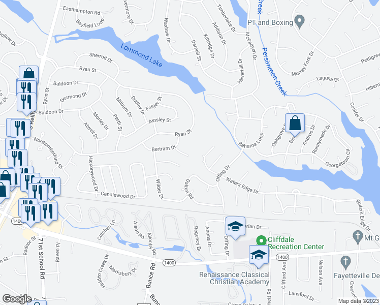 map of restaurants, bars, coffee shops, grocery stores, and more near 202 Bertram Place in Fayetteville