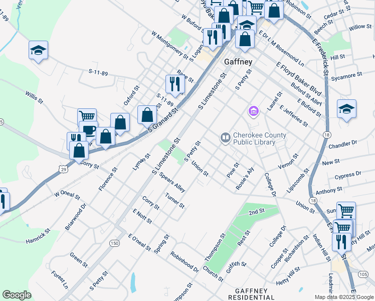 map of restaurants, bars, coffee shops, grocery stores, and more near 602 South Petty Street in Gaffney