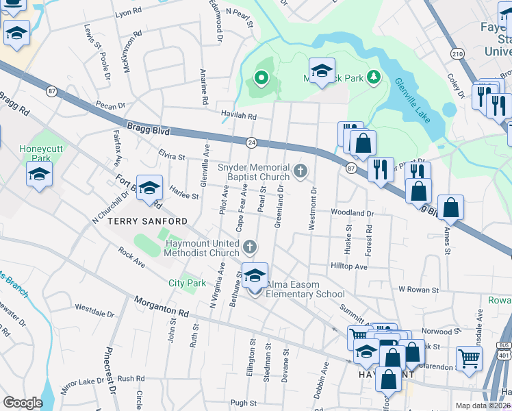 map of restaurants, bars, coffee shops, grocery stores, and more near 502 Cape Fear Avenue in Fayetteville
