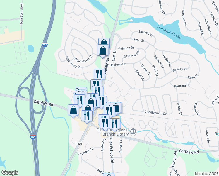 map of restaurants, bars, coffee shops, grocery stores, and more near 423 Cumbrian Court in Fayetteville