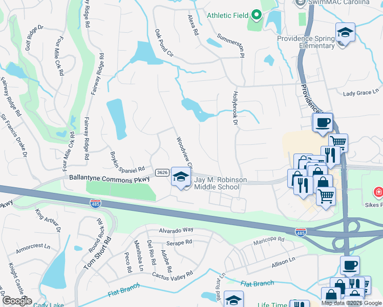 map of restaurants, bars, coffee shops, grocery stores, and more near 10339 Woodview Circle in Charlotte